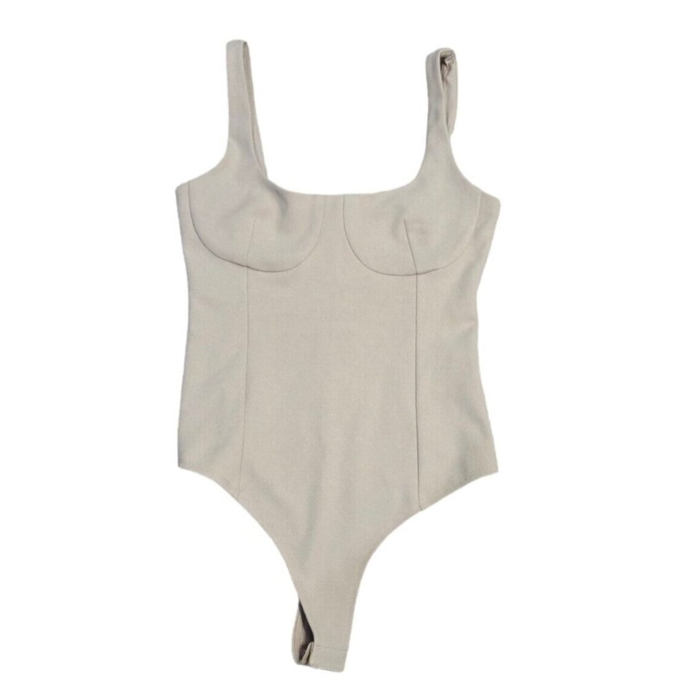 NEW WAYF Bravado Thong Bodysuit Women's XS Beige Tan Cupped Tank Sleeveless